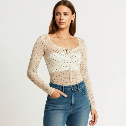 Cherie Code Women’s Knit Top – Polka Dot, Square Neck, Long Sleeve