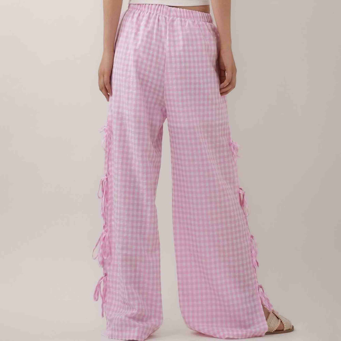 Women Everyday Checked Elastic Waist Side Strape Bowtie Casual Loungewear Pants Cherie Code