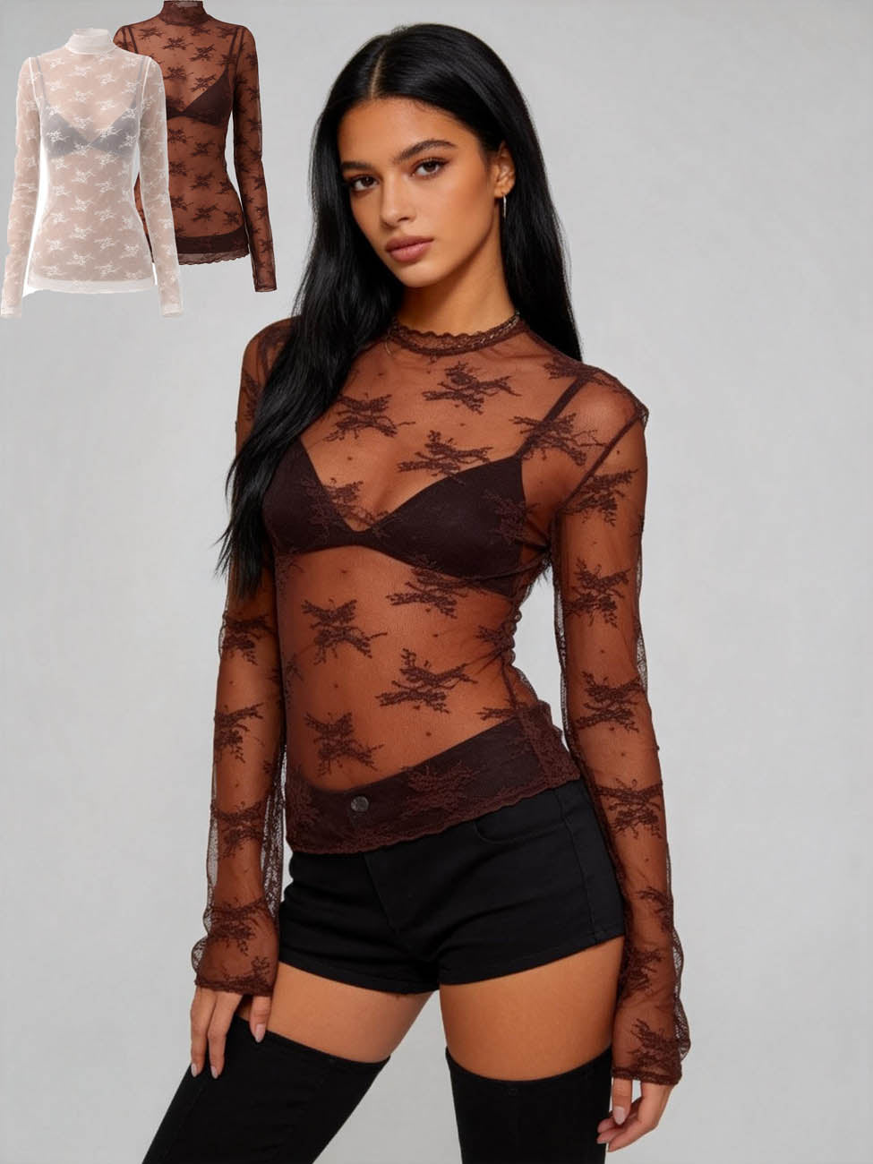 2 piece Women’s  Sheer Lace Long Sleeve Top – High Neck, Sexy & Layering Essential Cherie Code Buy 2 Save!