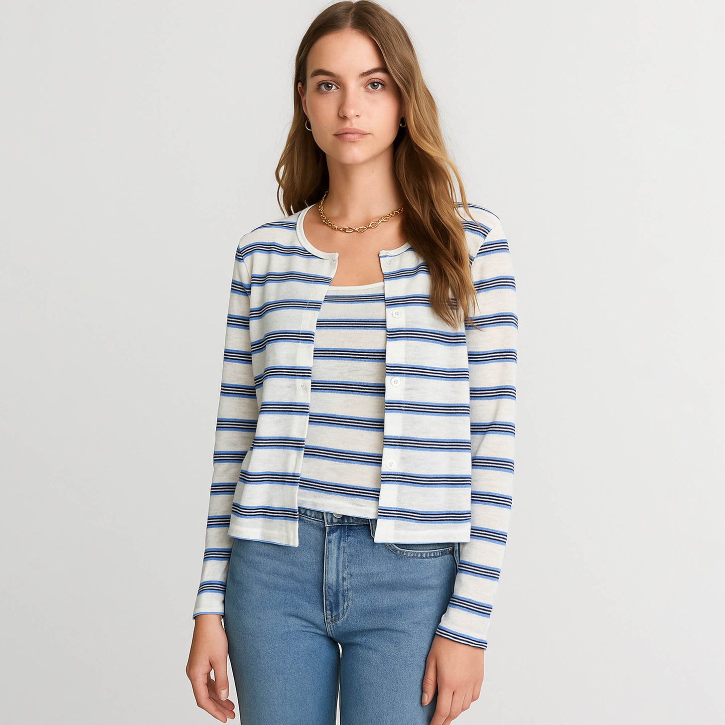 Cherie Code Women’s Knit Cardigan – Stripe Pattern, Long Sleeve, Cropped Fit