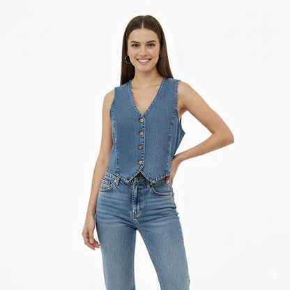 Women's Denim Sleeveless Vest - Classic Button-Up V-Neck Top Cherie Code
