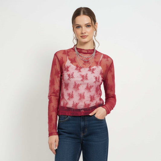 Women's Floral Lace Slim-Fit Top – Sheer Stretch Tee with Baby Overlock Edge Cherie Code