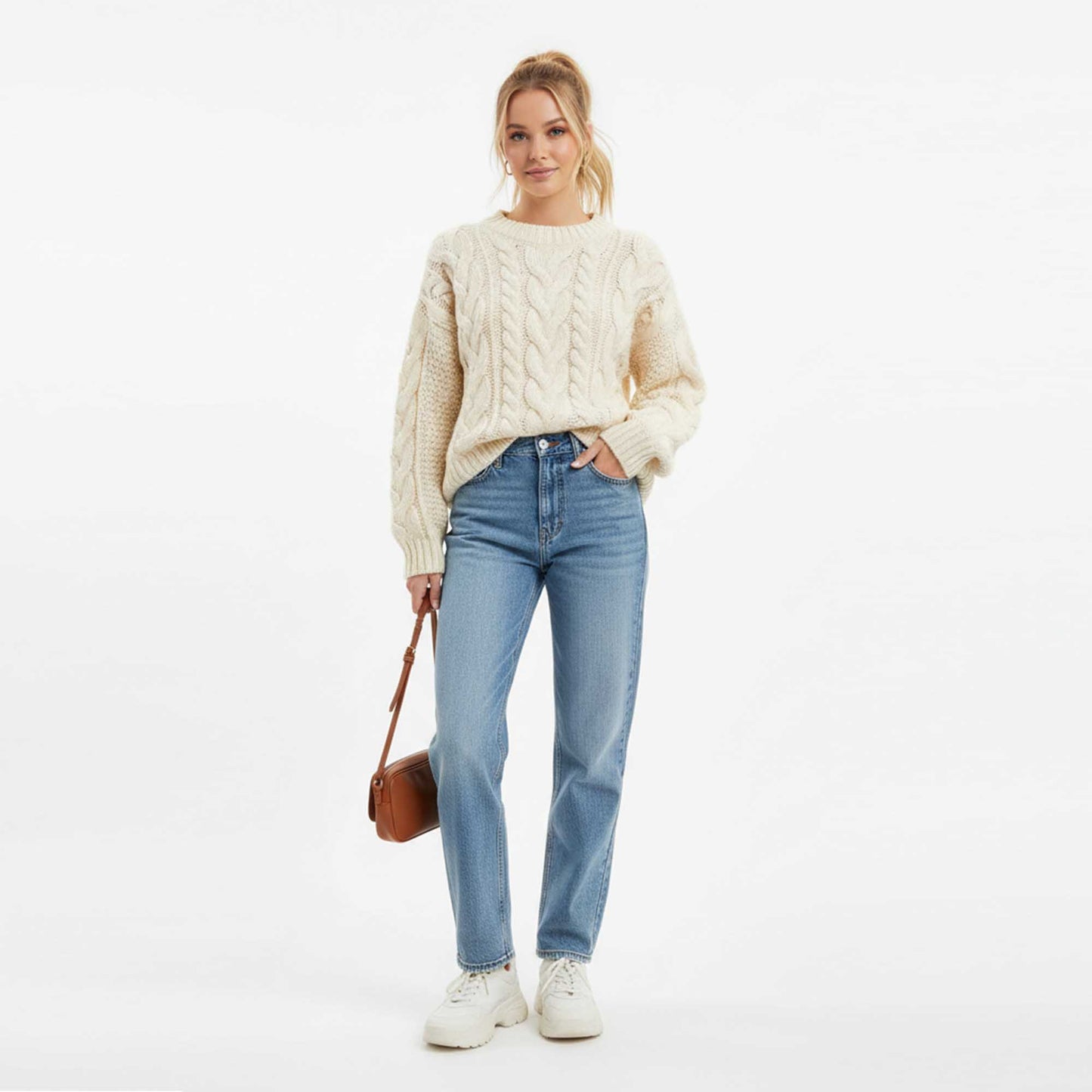 Cherie Code Women’s Cream Cable‑Knit Heart Pattern Sweater – Cozy Round Neck Long Sleeve Pullover