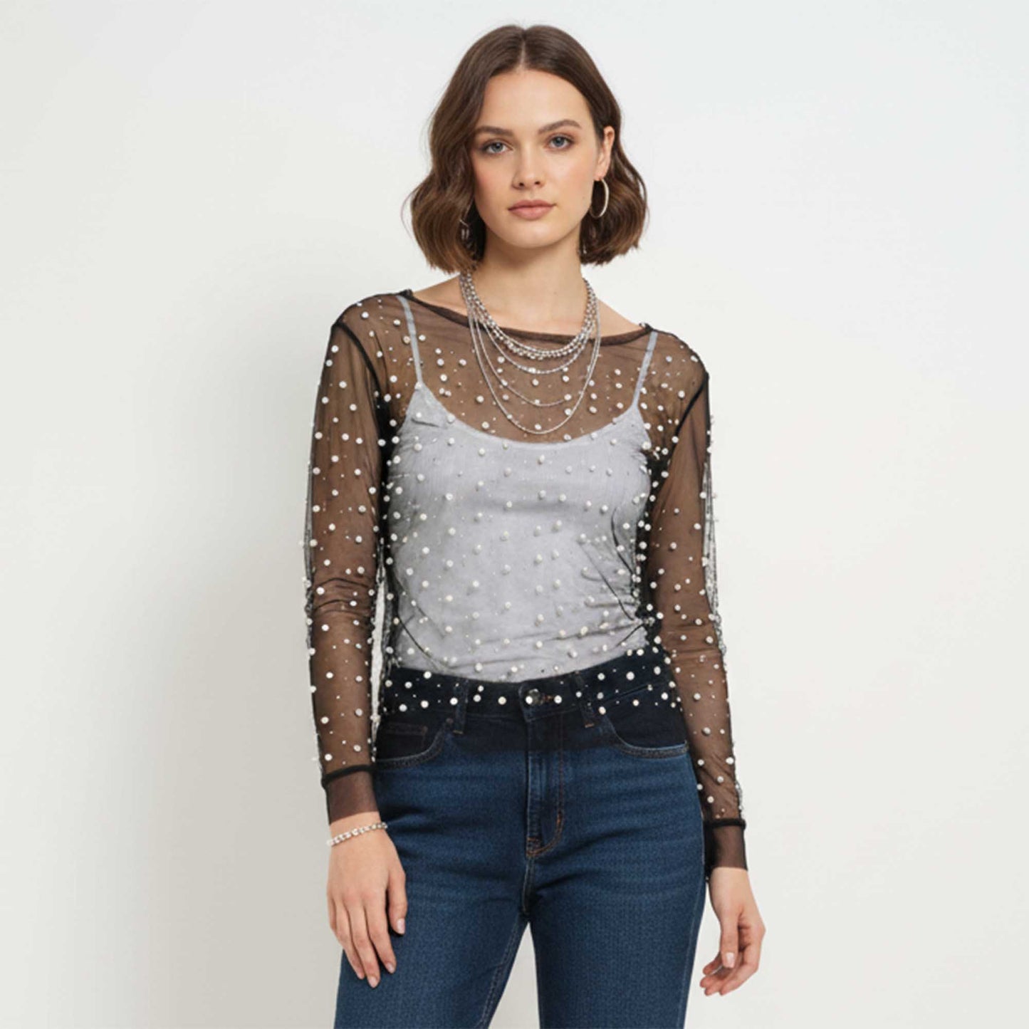 Women's Elegant Pearl & Rhinestone Sheer Top - Slim Fit Long Sleeve Layering Blouse Cherie Code