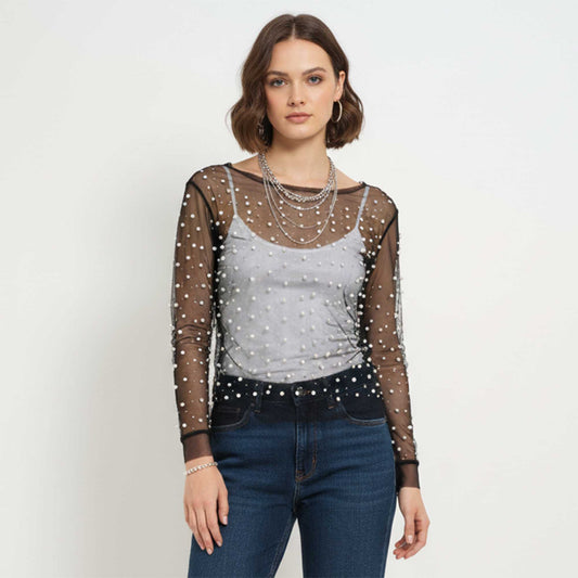 Women's Elegant Pearl & Rhinestone Sheer Top - Slim Fit Long Sleeve Layering Blouse Cherie Code