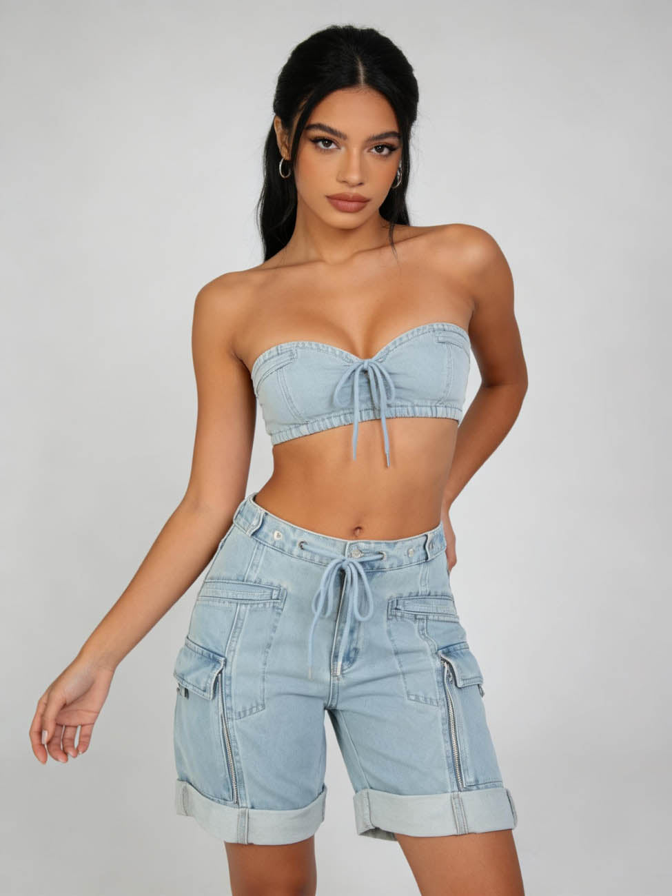 Cherie Code Women's High-Waisted Denim Cargo Shorts – Drawstring Waist Utility Jean Shorts with Zipper Pockets & Rolled Hem, Light Wash