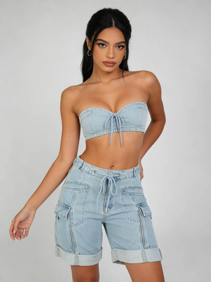 Cherie Code Women's High-Waisted Denim Cargo Shorts – Drawstring Waist Utility Jean Shorts with Zipper Pockets & Rolled Hem, Light Wash