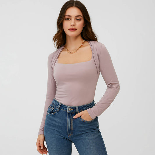 Cherie Code Women’s Square Neck Top – Rib Knit, Long Sleeve, Bolero Detail