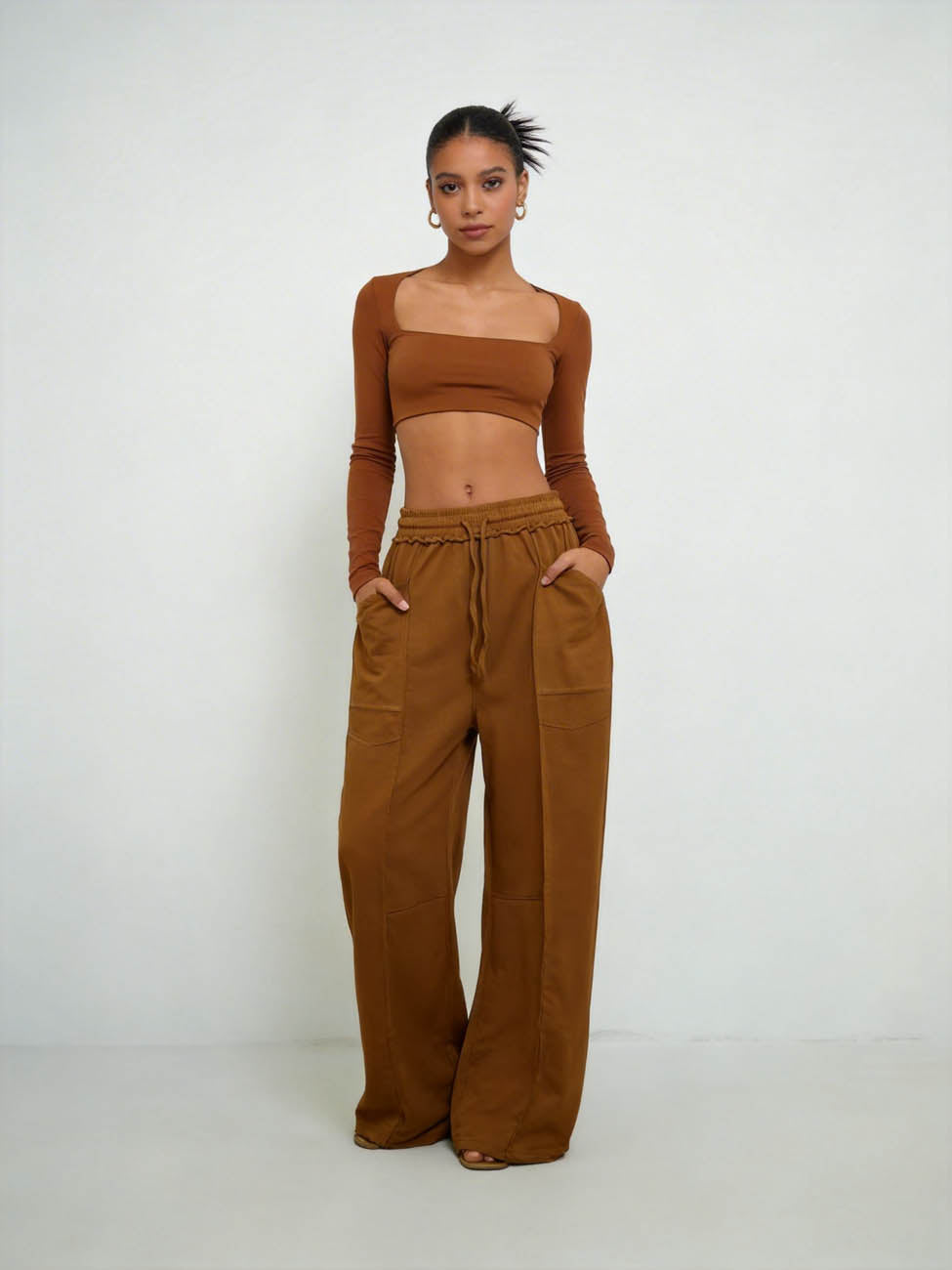 Cherie Code Women's High-Rise Wide Leg Pants with Drawstring and Pockets – Stretch Knit Casual Lounge Pants