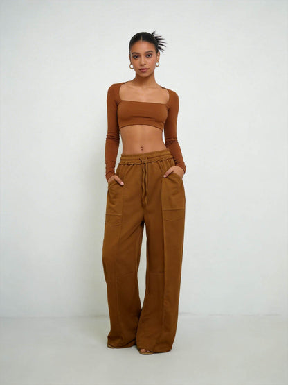 Cherie Code Women's High-Rise Wide Leg Pants with Drawstring and Pockets – Stretch Knit Casual Lounge Pants