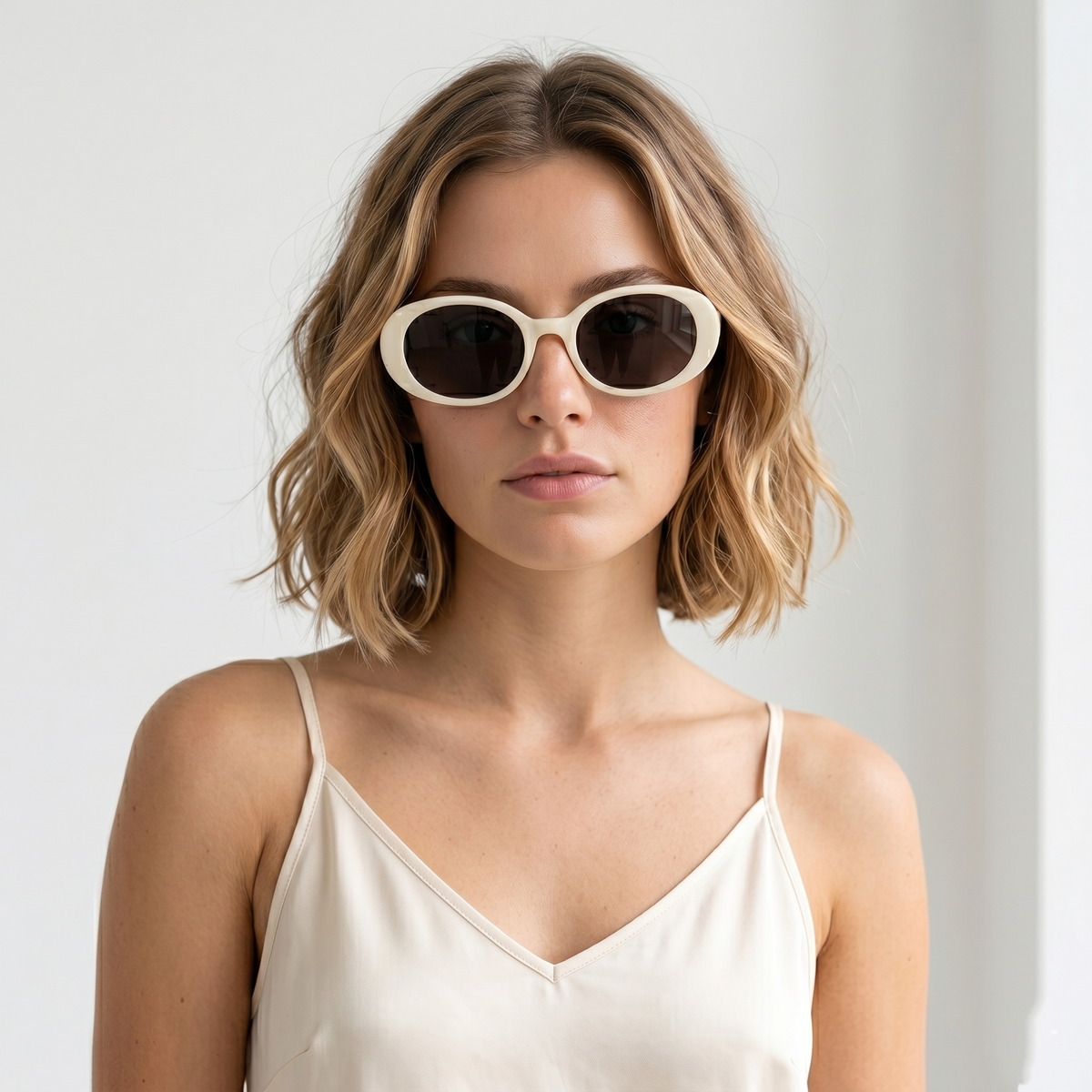 Cherie Code Y2K Small Oval Sunglasses Polarized UV400 Glossy White