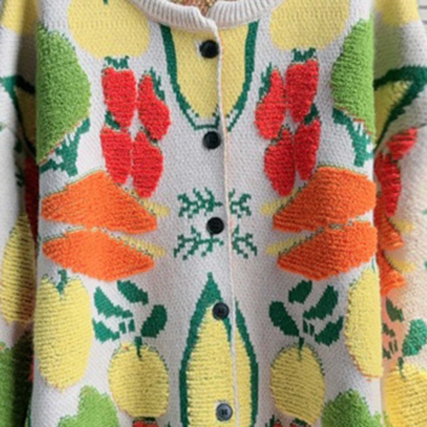 Women's Veggie Garden Jacquard Knit Cardigan -Casual Button Front Sweater Long Sleeves