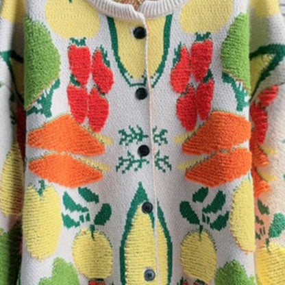 Women's Veggie Garden Jacquard Knit Cardigan -Casual Button Front Sweater Long Sleeves