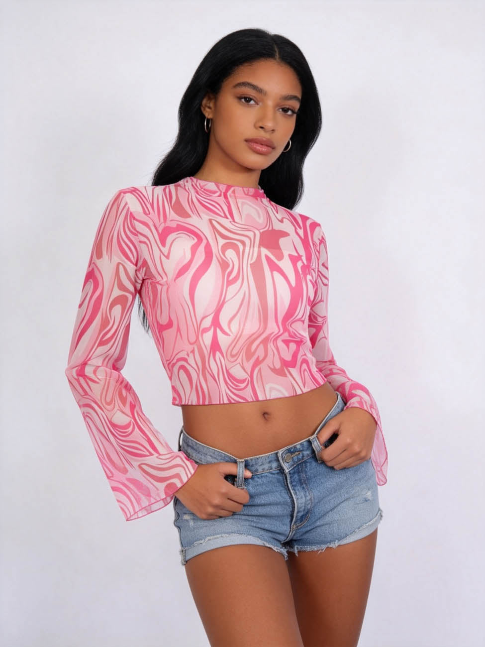 Cherie Code Women's Pink Marble Print Long Sleeve Crop Top – Slim Fit Bell Sleeve Mock Neck Y2K Fashion Going Out Shirt