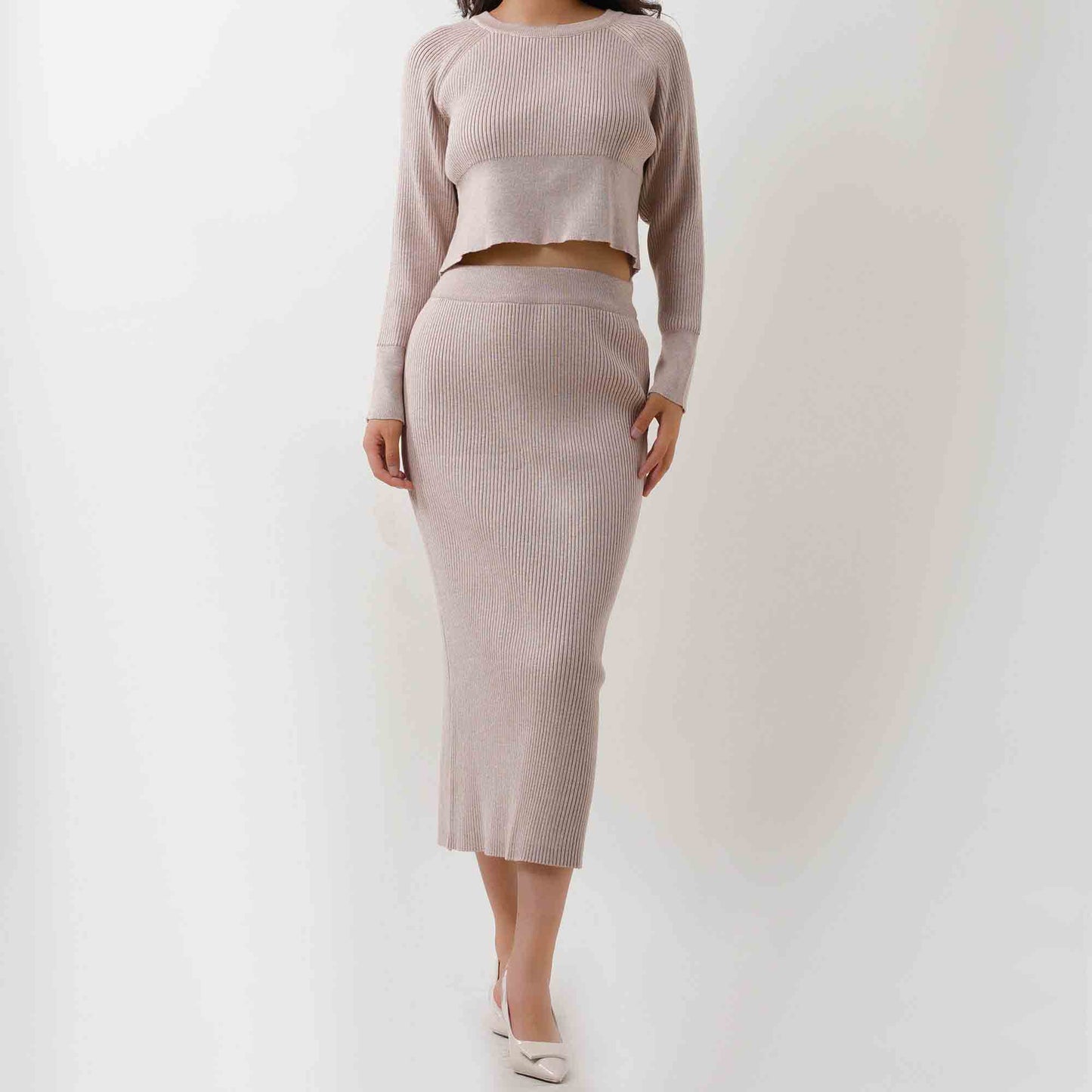 Women's Sweater Set - Stretch Knit Top & Back-Slit Midi Skirt Matching Set Cherie Code