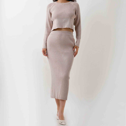 Women's Sweater Set - Stretch Knit Top & Back-Slit Midi Skirt Matching Set Cherie Code