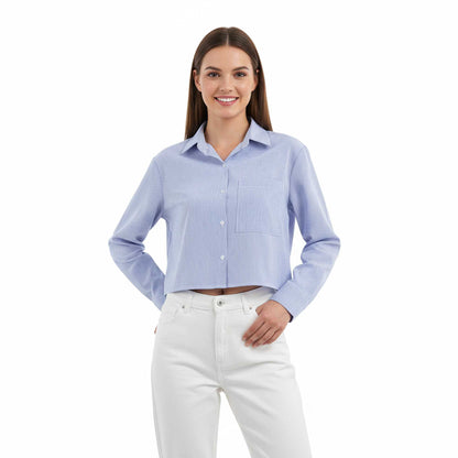 Women Blue Stripe Button-Down Shirt with Turn-Down Collar & Cuffed Sleeves – Polyester-Cotton Blend Cherie Code