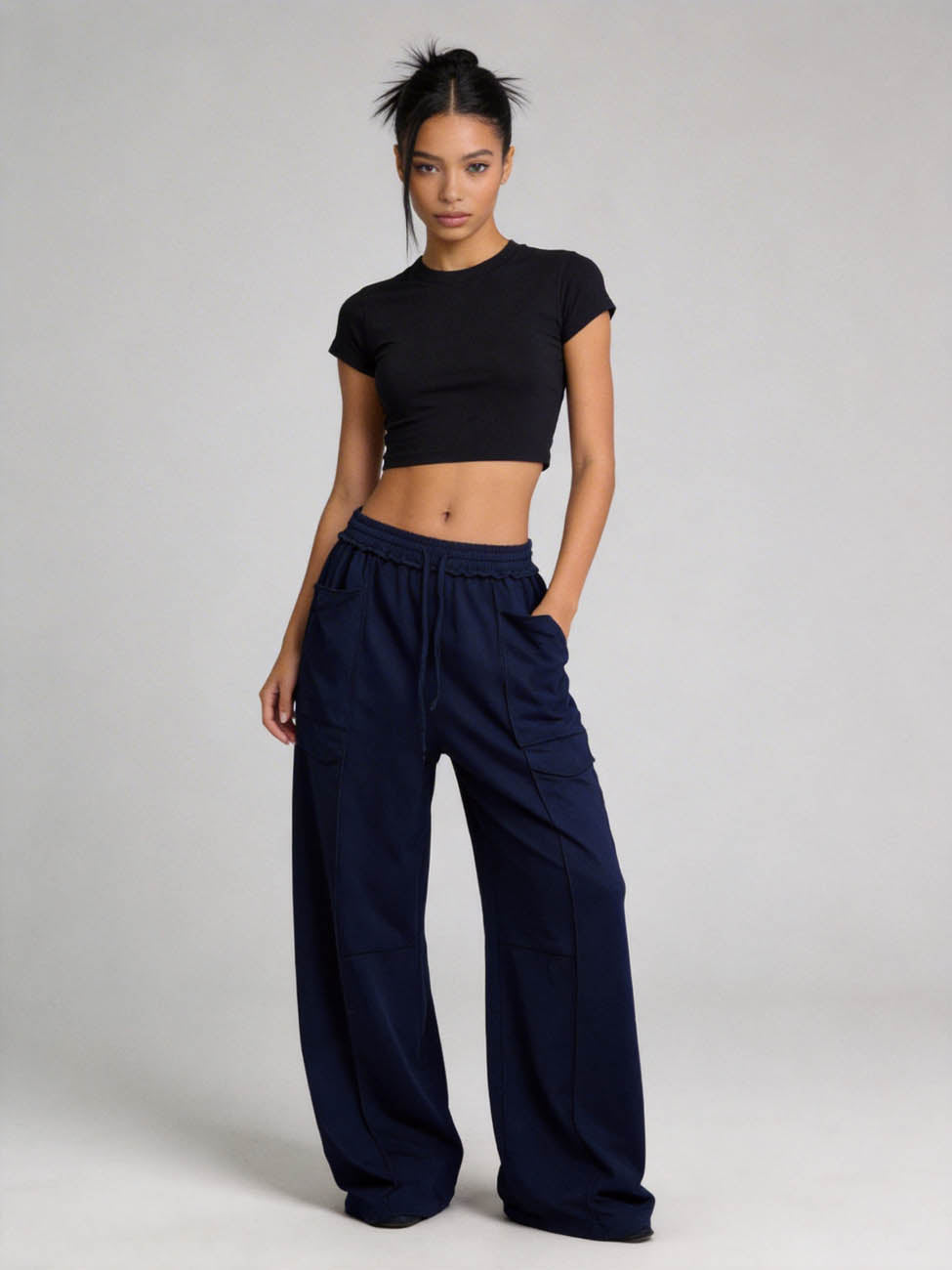 Cherie Code Women's High-Rise Wide Leg Pants with Drawstring and Pockets – Stretch Knit Casual Lounge Pants