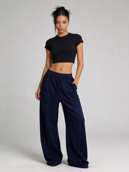 Cherie Code Women's High-Rise Wide Leg Pants with Drawstring and Pockets – Stretch Knit Casual Lounge Pants