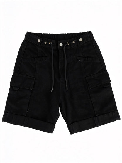 Cherie Code Women's High-Waisted Denim Cargo Shorts – Drawstring Waist Utility Jean Shorts with Zipper Pockets & Rolled Hem, Light Wash