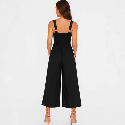 Woman V-Neck Cutout Wide-Leg Jumpsuit – 100% Cotton Casual High Waist Cherie Code