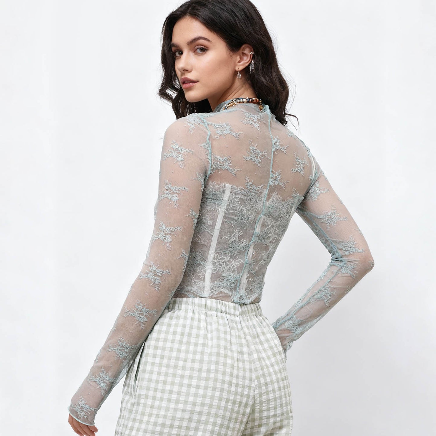 Women's Floral Lace Slim-Fit Top – Sheer Stretch Tee with Baby Overlock Edge Cherie Code