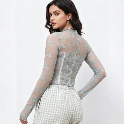 Women's Floral Lace Slim-Fit Top – Sheer Stretch Tee with Baby Overlock Edge Cherie Code