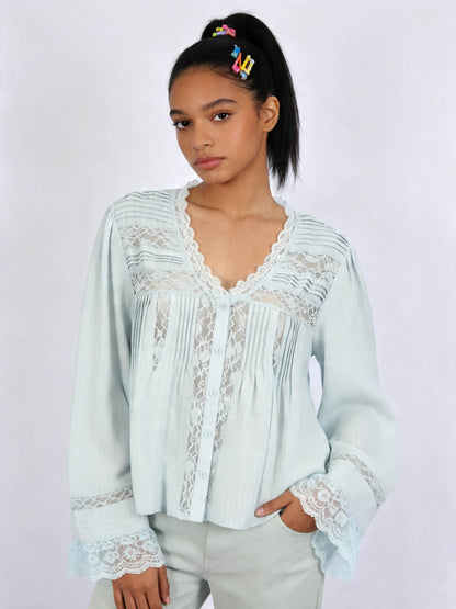 Cherie Code Women’s Lace‑Trim Ruffle Blouse – V‑Neck Button‑Down Top with Bell Sleeves