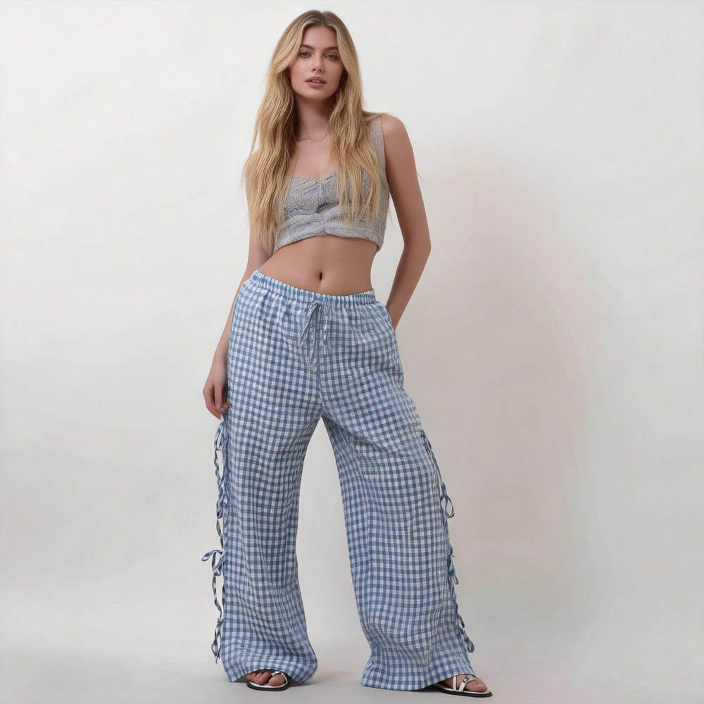 Women Everyday Checked Elastic Waist Side Strape Bowtie Casual Loungewear Pants Cherie Code