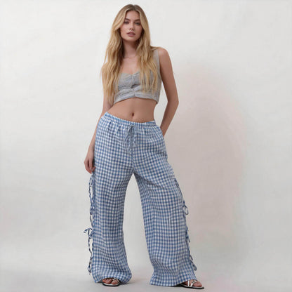 Women Everyday Checked Elastic Waist Side Strape Bowtie Casual Loungewear Pants Cherie Code