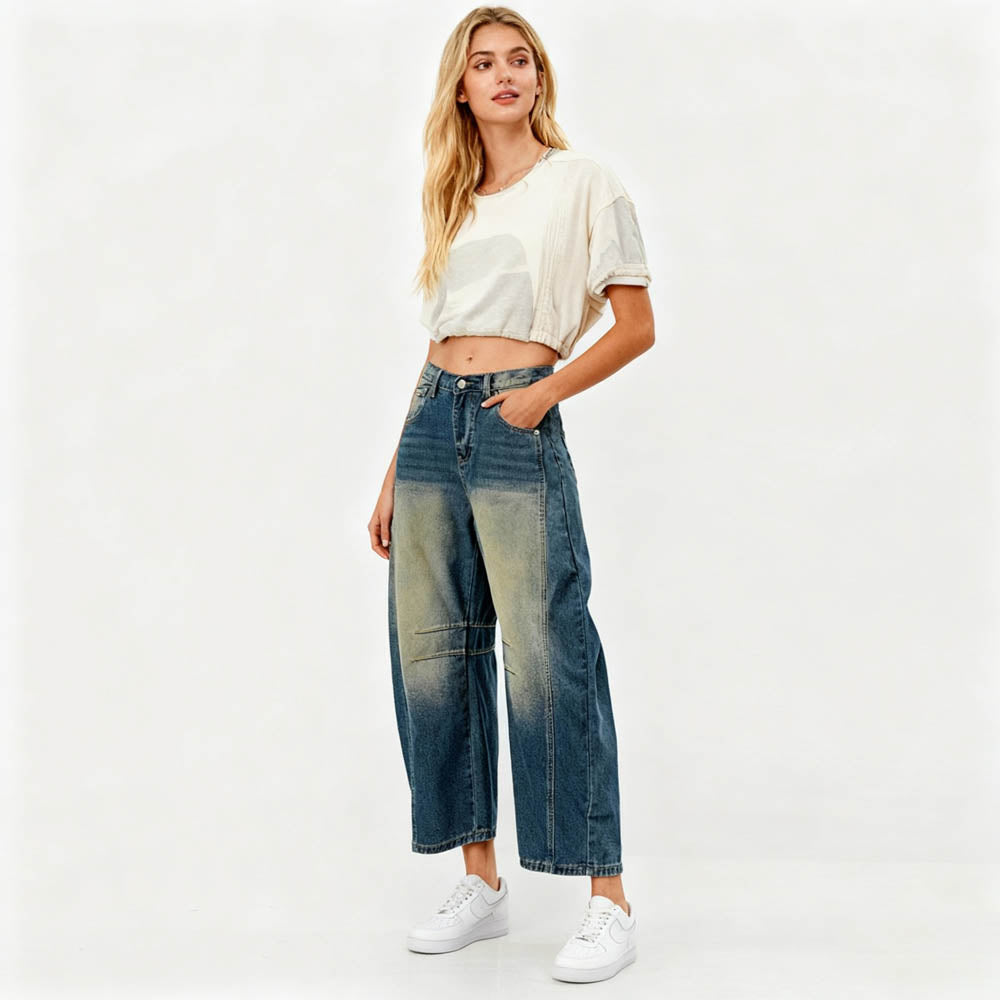 Women's Barrel Leg Baggy Jeans – High Rise Vintage Wash Slouchy Fit Denim by Cherie Code