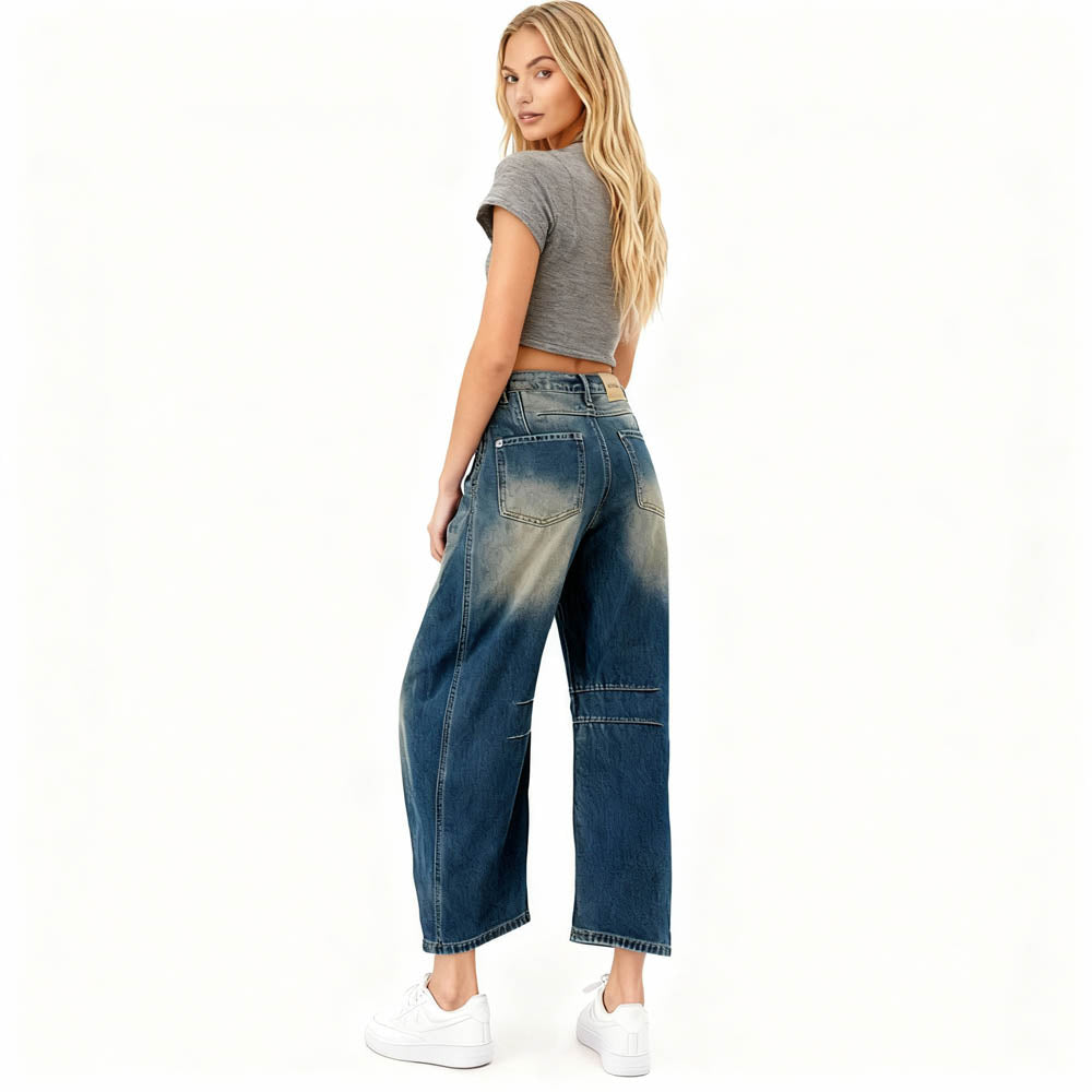 Women's Barrel Leg Baggy Jeans – High Rise Vintage Wash Slouchy Fit Denim by Cherie Code