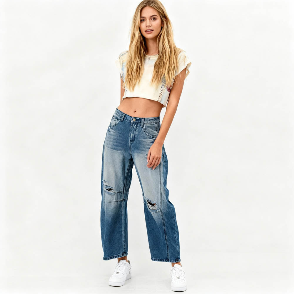 Women's Barrel Leg Baggy Jeans – High Rise Vintage Wash Slouchy Fit Denim by Cherie Code