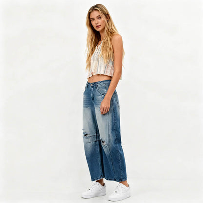 Women's Barrel Leg Baggy Jeans – High Rise Vintage Wash Slouchy Fit Denim by Cherie Code