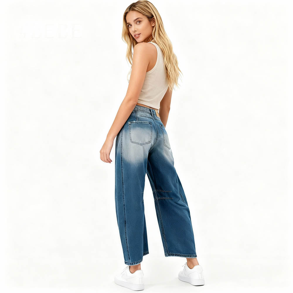 Women's Barrel Leg Baggy Jeans – High Rise Vintage Wash Slouchy Fit Denim by Cherie Code