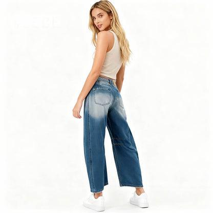 Women's Barrel Leg Baggy Jeans – High Rise Vintage Wash Slouchy Fit Denim by Cherie Code