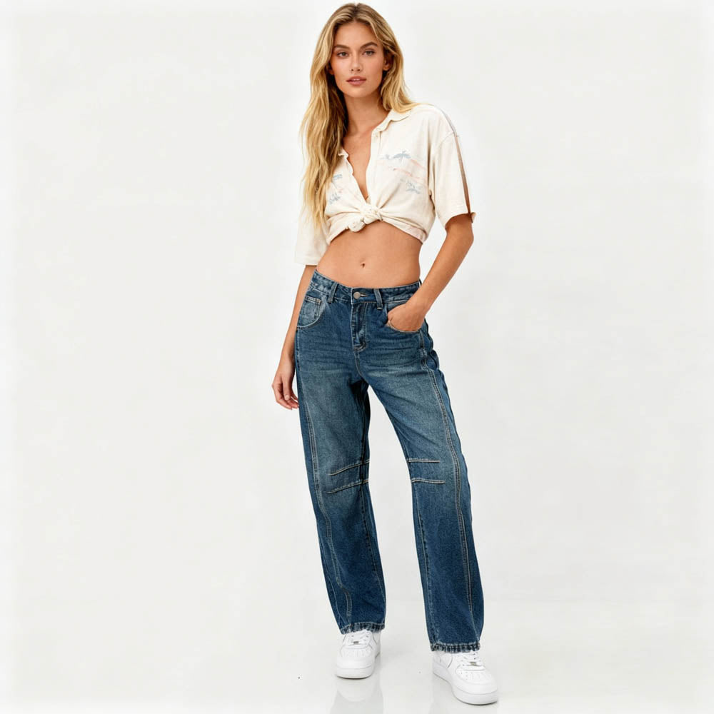 Women's Barrel Leg Baggy Jeans – High Rise Vintage Wash Slouchy Fit Denim by Cherie Code
