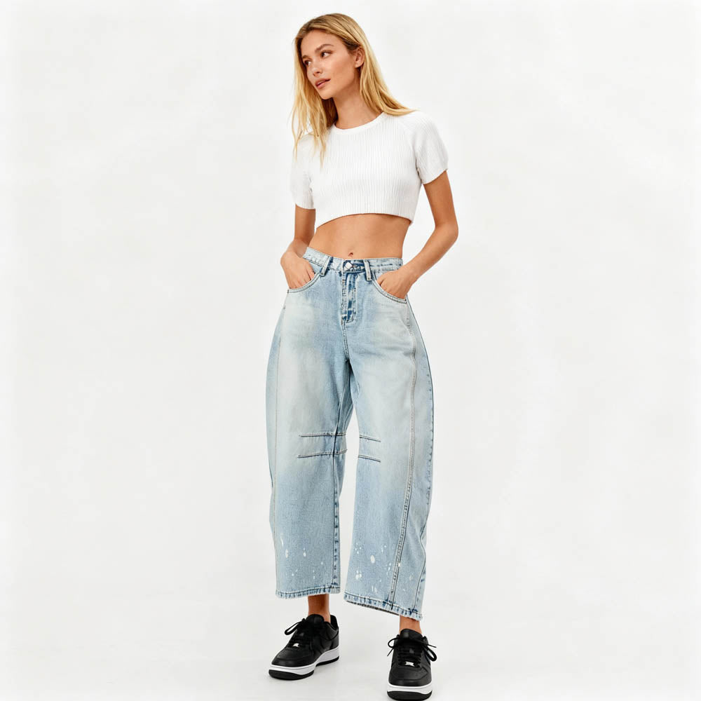 Women's Barrel Leg Baggy Jeans – High Rise Vintage Wash Slouchy Fit Denim by Cherie Code