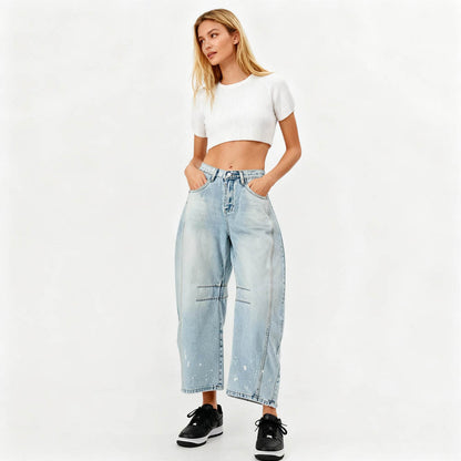 Women's Barrel Leg Baggy Jeans – High Rise Vintage Wash Slouchy Fit Denim by Cherie Code