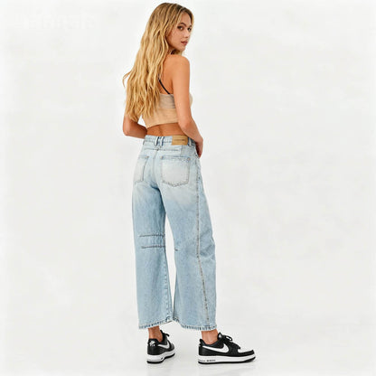 Women's Barrel Leg Baggy Jeans – High Rise Vintage Wash Slouchy Fit Denim by Cherie Code