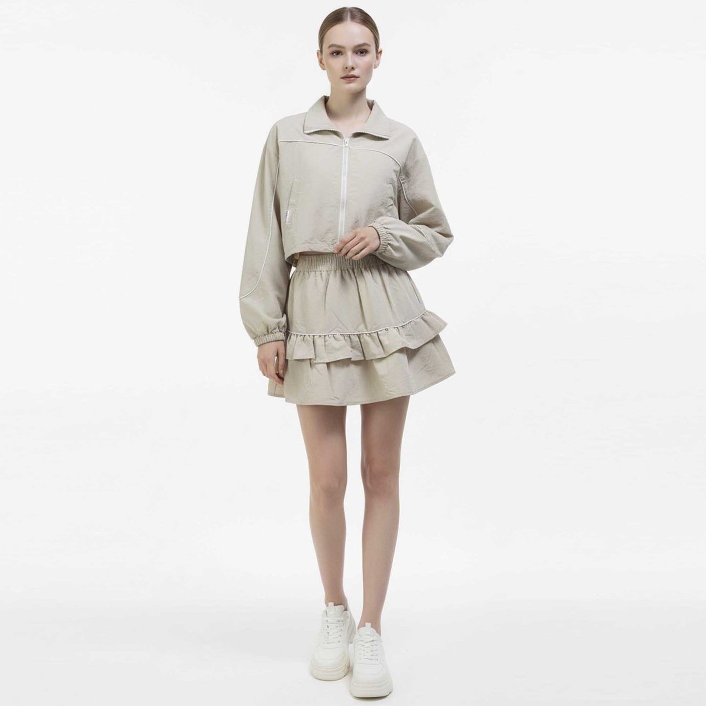 Cherie Code Women’s Plaid Patchwork Jacket & Tiered Ruffle Skort Set – Zipper Front, Stand Collar Casual Two‑Piec