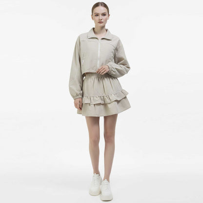 Cherie Code Women’s Plaid Patchwork Jacket & Tiered Ruffle Skort Set – Zipper Front, Stand Collar Casual Two‑Piec