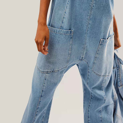 Woman Relaxed Fit Reversible Denim Jumpsuit with Adjustable Straps – Medium Wash Cherie Code