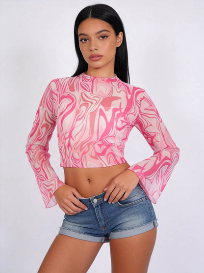 Cherie Code Women's Pink Marble Print Long Sleeve Crop Top – Slim Fit Bell Sleeve Mock Neck Y2K Fashion Going Out Shirt