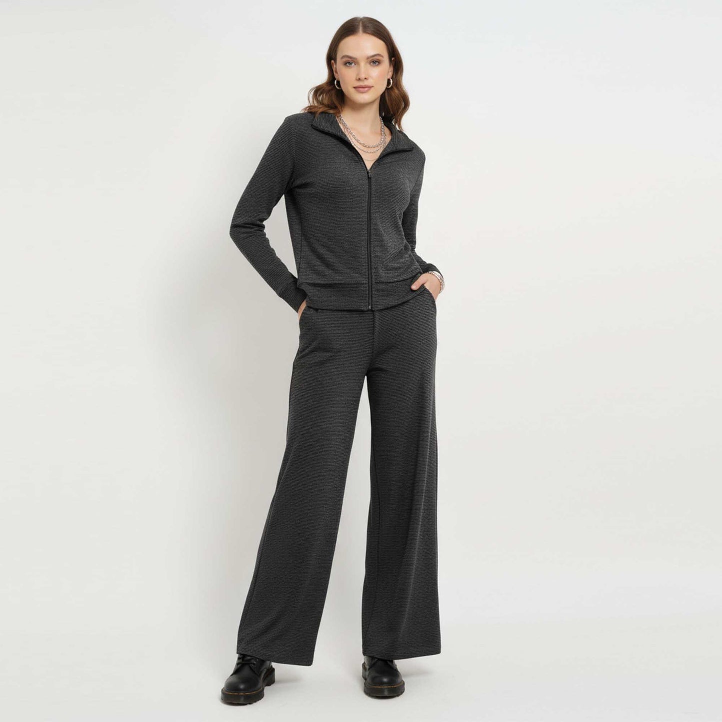 Cherie Code Women’s Knit Zip‑Front Collared Jacket & Wide‑Leg Pant Set – Long Sleeve Casual Lounge Two‑Piece