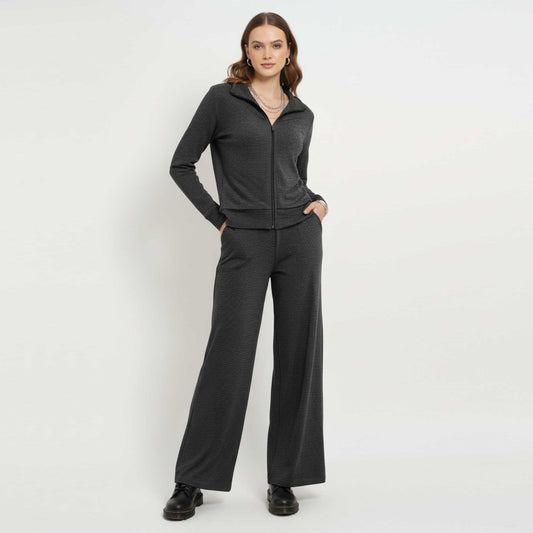 Cherie Code Women’s Knit Zip‑Front Collared Jacket & Wide‑Leg Pant Set – Long Sleeve Casual Lounge Two‑Piece