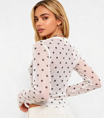 Cherie Code Women’s Long Sleeve Polka Dot Mesh Top with Stretch