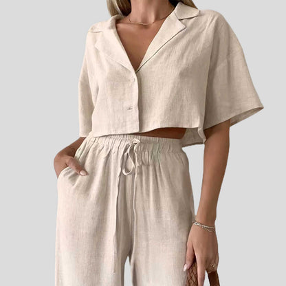 Women Set with Button-Down Top & Elastic Waist – Short Sleeve, Wide Leg, Polyester-Cotton Blend Cherie Code