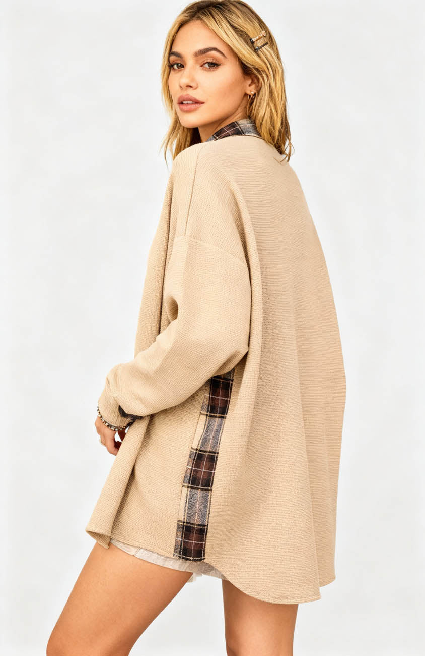 Women’s Long Sleeve Button-Down Shirt Jacket with Plaid Trim – Soft Stretch Fabric