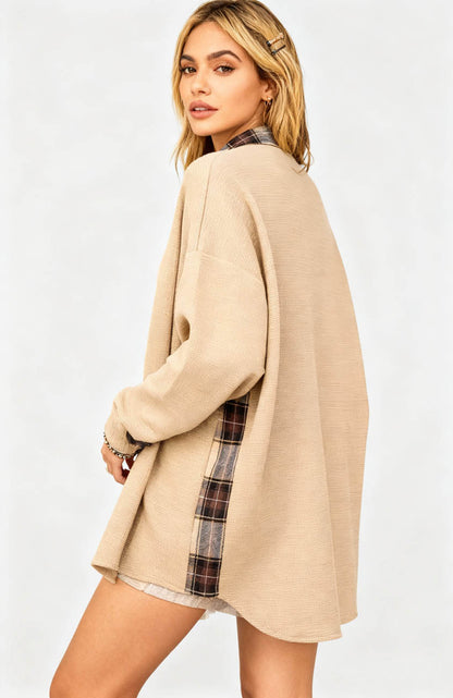 Women’s Long Sleeve Button-Down Shirt Jacket with Plaid Trim – Soft Stretch Fabric